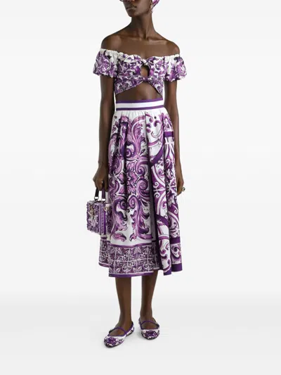 Dolce & Gabbana Women Maiolica Mix Print Poplin Pleated Skirt In Purple