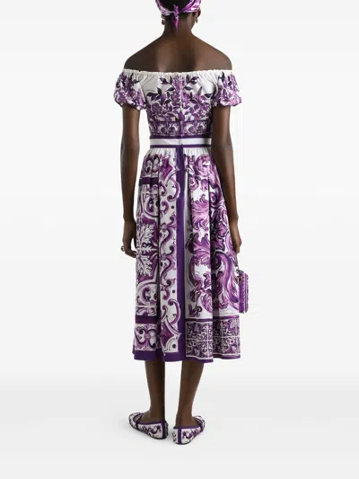 Dolce & Gabbana Women Maiolica Mix Print Poplin Pleated Skirt In Purple