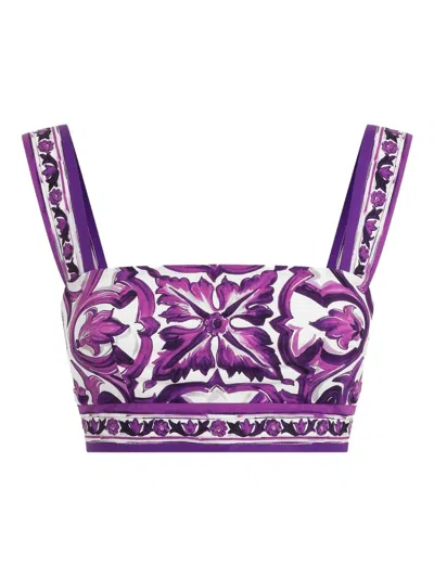 Dolce & Gabbana Cropped Printed Cotton-twill Top In Purple