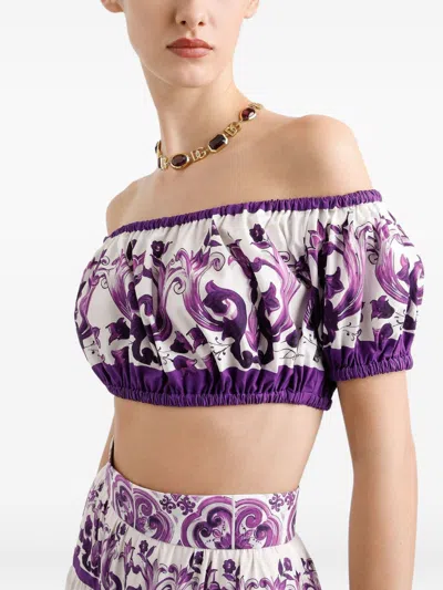 Dolce & Gabbana Violet Off-shoulder Cropped Top With All-over Floral Print In Cotton Woman In Purple
