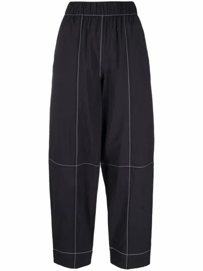 Ganni Womens Black Curved-leg Mid-rise Organic Cotton-blend Trousers