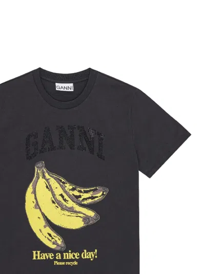 Ganni Crew-neck Cotton T-shirt With Banana Print In Black