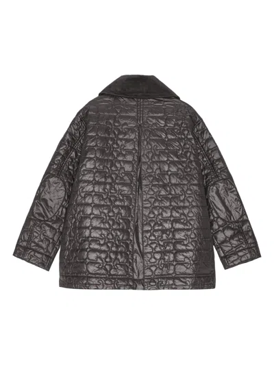 Ganni Shiny Black Quilted Midi Jacket With Pointed Collar In Black