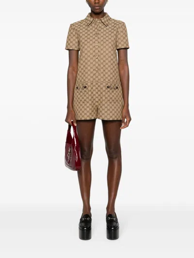 Gucci Women Gg Canvas Short Jumpsuit In Brown