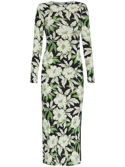 Loewe Crew Neck Floral Long Sleeve Side Slit Stretch Dress