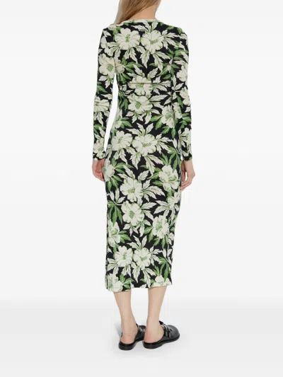 Loewe Crew Neck Floral Long Sleeve Side Slit Stretch Dress