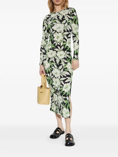 Loewe Crew Neck Floral Long Sleeve Side Slit Stretch Dress