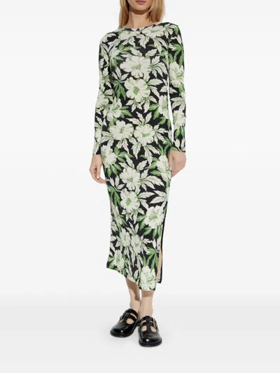 Loewe Crew Neck Floral Long Sleeve Side Slit Stretch Dress