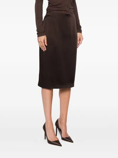 Tom Ford Satin Pencil Midi Skirt With Back Slit In Brown