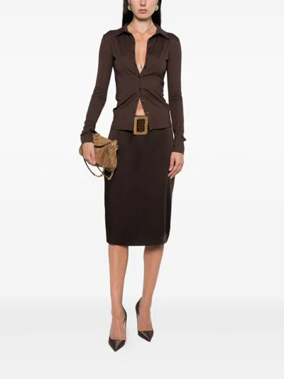 Tom Ford Satin Pencil Midi Skirt With Back Slit In Brown