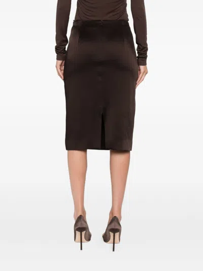 Tom Ford Satin Pencil Midi Skirt With Back Slit In Brown
