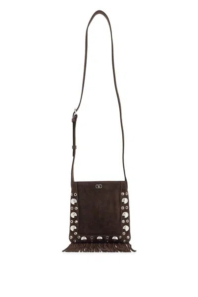 Valentino Garavani Small Suede Crossbody Bag In Dark Brown With Studs And Fringe Women