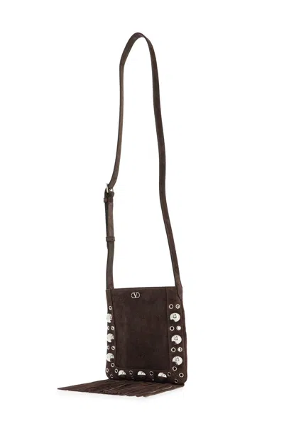 Valentino Garavani Small Suede Crossbody Bag In Dark Brown With Studs And Fringe Women
