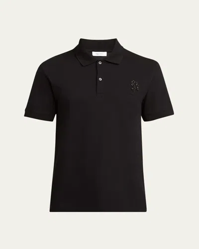 Alexander Mcqueen Men's Short-sleeve Beaded Rose Piqué Polo Shirt In Black