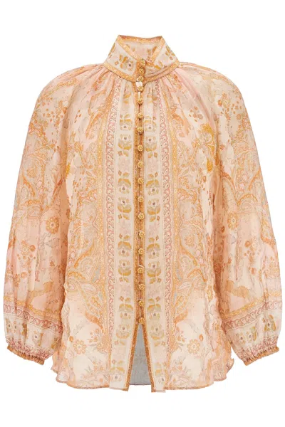 Zimmermann Cream And Pink High Neck Paisley Blouse In Rayon With Long Sleeves Women