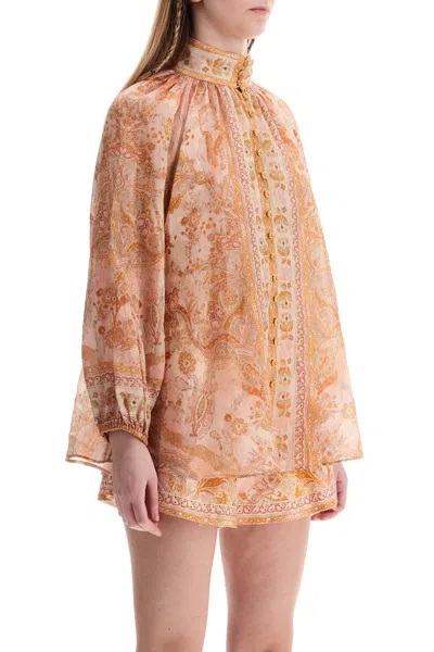 Zimmermann Cream And Pink High Neck Paisley Blouse In Rayon With Long Sleeves Women