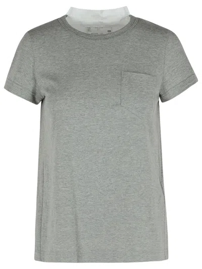 Sacai Cotton T-shirt With Pleated Back And Chest Pocket In Gray