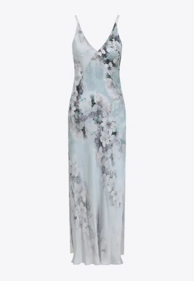 Alberta Ferretti Floral Print Maxi Dress With V-neckline In Blue