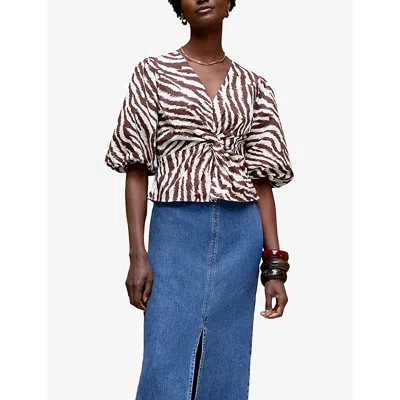 Ro&zo Womens Zebra-print Twist-front Cotton Top Brown In Multi