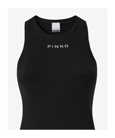 Pinko Crewneck Logo Ribbed Sleeveless Top In Black