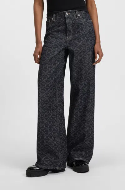 Hugo Boss Super-wide-leg Jeans In Monogram Laser-print Denim In Gray
