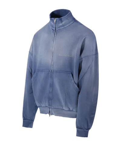 Balenciaga Distressed Logo Zip-up Sweatshirt In Blue