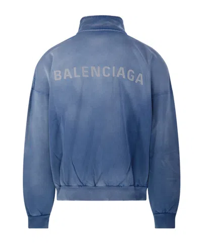Balenciaga Distressed Logo Zip-up Sweatshirt In Blue