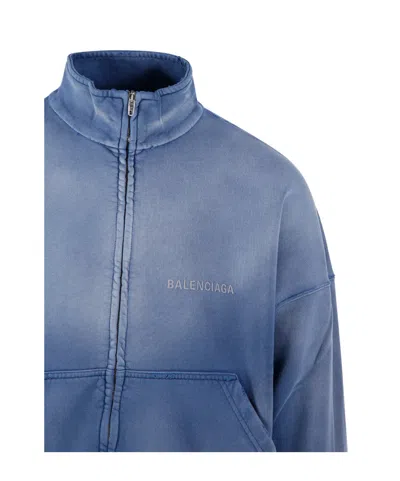 Balenciaga Distressed Logo Zip-up Sweatshirt In Blue