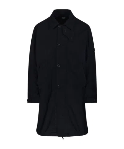 C.p. Company Button-up Minimalist Coat With Adjustable Cuffs And Drawstring Hem In Black