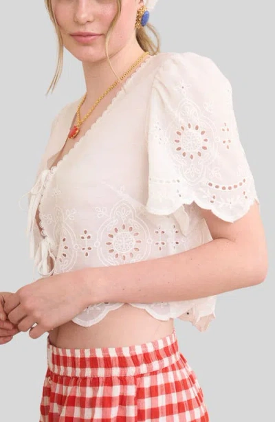 Blu Pepper Eyelet Trim Tie Front Top In White