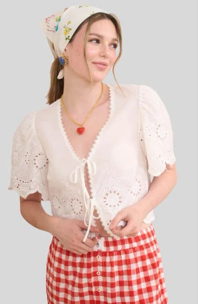 Blu Pepper Eyelet Trim Tie Front Top In White