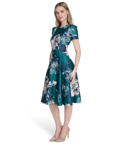 Calvin Klein Womens Womens Scuba Floral Print Fit Flare Dress 0p 16 In Green