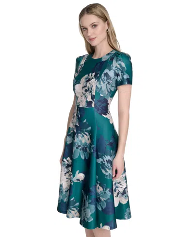 Calvin Klein Womens Womens Scuba Floral Print Fit Flare Dress 0p 16 In Green