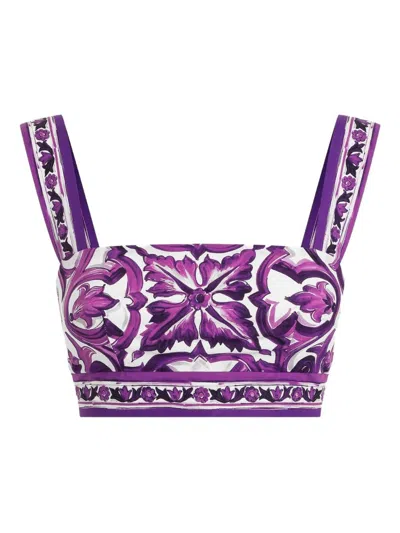 Dolce & Gabbana Cropped Printed Cotton-twill Top In Purple