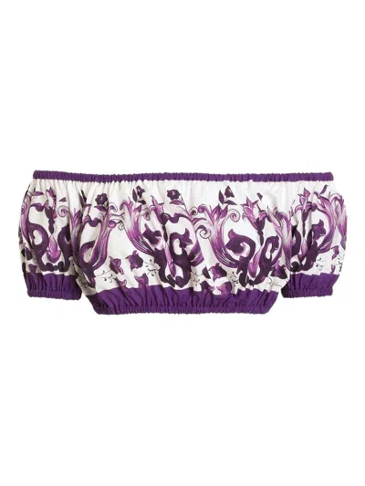 Dolce & Gabbana Violet Off-shoulder Cropped Top With All-over Floral Print In Cotton Woman In Purple