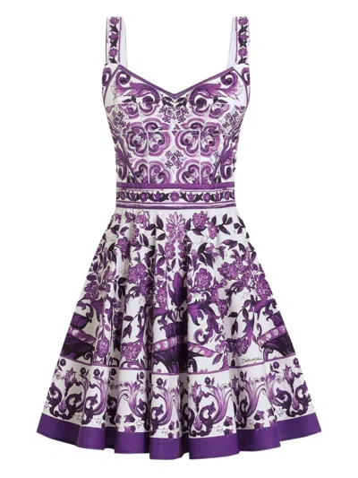 Dolce & Gabbana Violet Dress With Thin Straps And All-over Floral Motif In Cotton Blend Woman In Purple