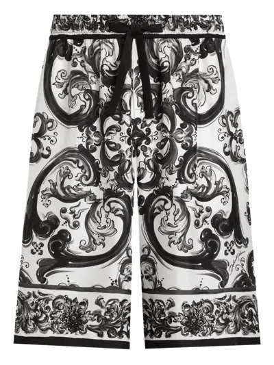 Dolce & Gabbana Maiolica Black And White Shorts With Elastic Drawstring Closure And All-over Print In Silk Man