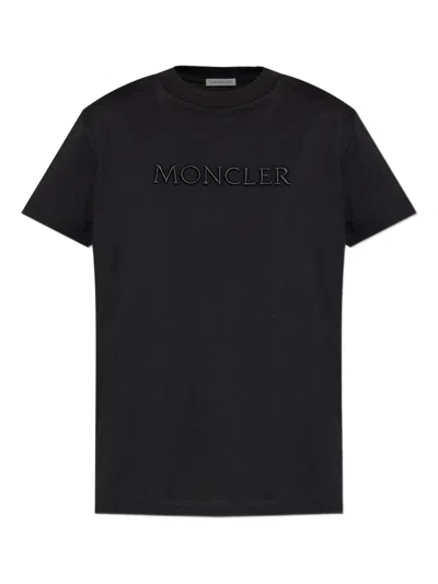 Moncler Biologic Cotton T-shirt With Embroidered Logo In Black