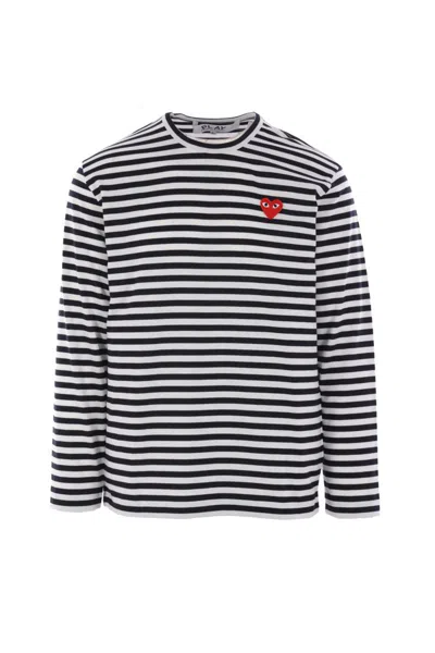 Comme Des Garçons Play Heart-patch Striped Cotton T-shirt In Blue