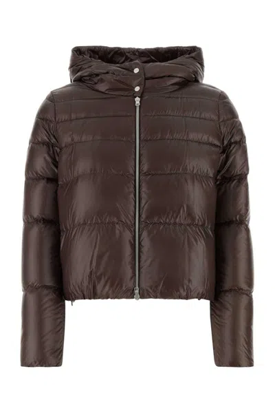 Herno Brown Cropped Down Jacket With Fixed Hood With Snap Buttons In Tech Fabric Woman In Brown