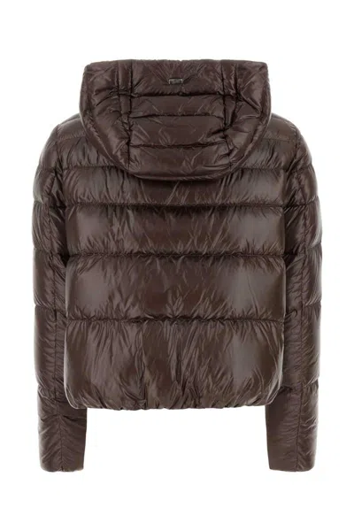 Herno Brown Cropped Down Jacket With Fixed Hood With Snap Buttons In Tech Fabric Woman In Brown