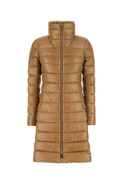 Herno Long Padded Quilted Down Jacket With High Collar In Brown