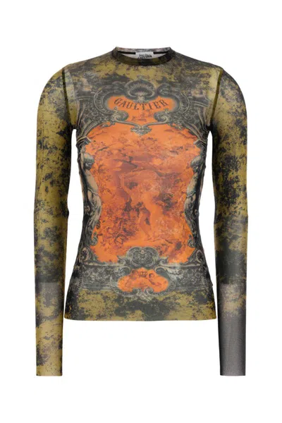 Jean Paul Gaultier Mesh Long Sleeves Top Printed Medaillon Woman Multicolor
