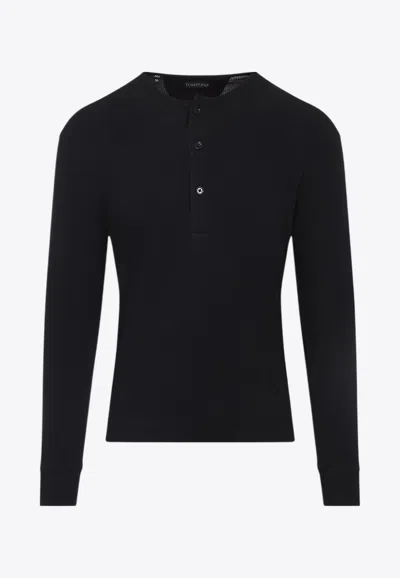 Tom Ford Mens Black Henley Ribbed Relaxed-fit Cotton-blend T-shirt In Black
