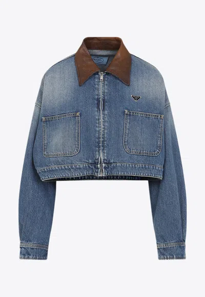 Prada Cropped Jacket With Dropped Shoulders And Puffed Sleeves In Blue