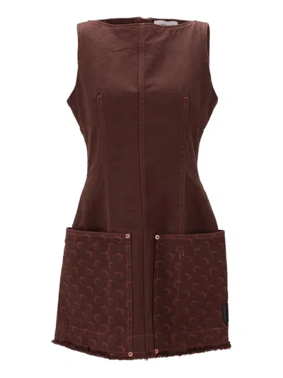 Marine Serre Womens Moon Jacquard Two-patch-pockets Denim Mini Dress Deep Brown In Brown