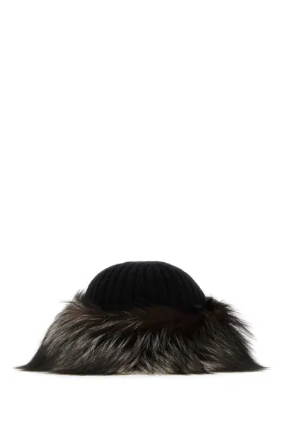 Prada Black Wool Blend Beanie Hat In Black