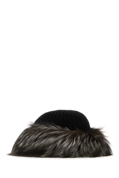 Prada Black Wool Blend Beanie Hat In Black