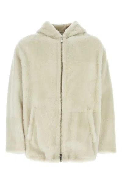 Prada Drawstring Hood Shearling Jacket In Neutral