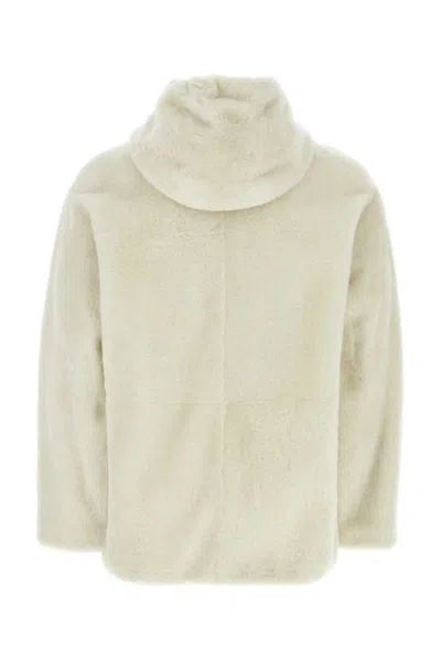 Prada Drawstring Hood Shearling Jacket In Neutral